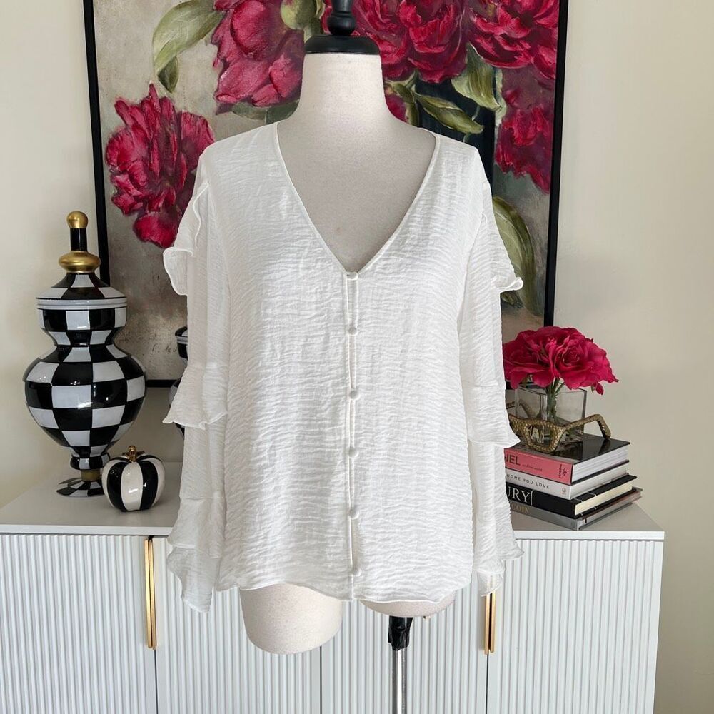 VinceβCamuto Women's V-Neck Layered Long Sleeve Button Front Blouse White Large